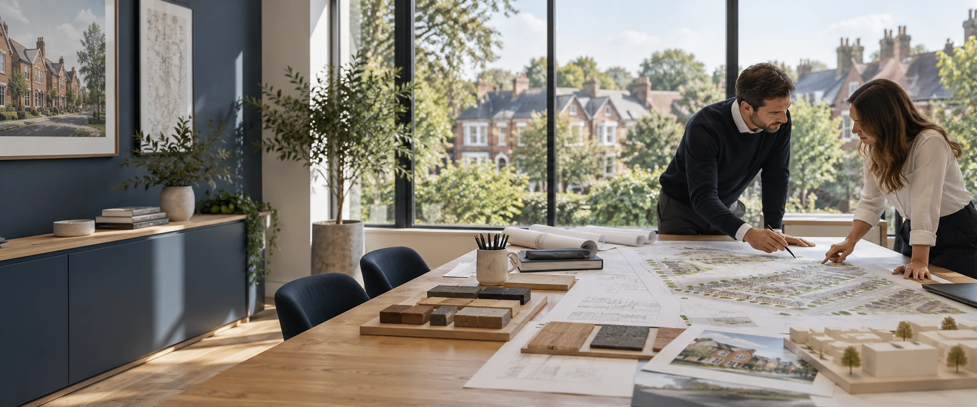 Illustrative development planning studio with architectural plans and material samples
