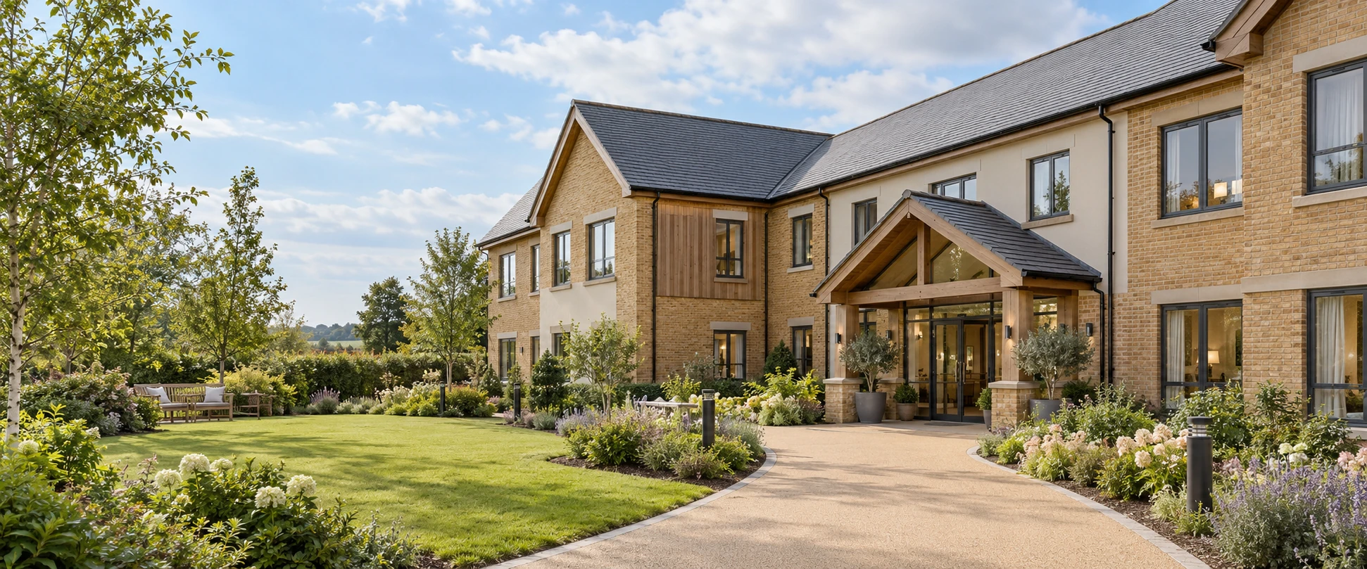 Illustrative purpose-built British care home with landscaped gardens and a welcoming step-free entrance