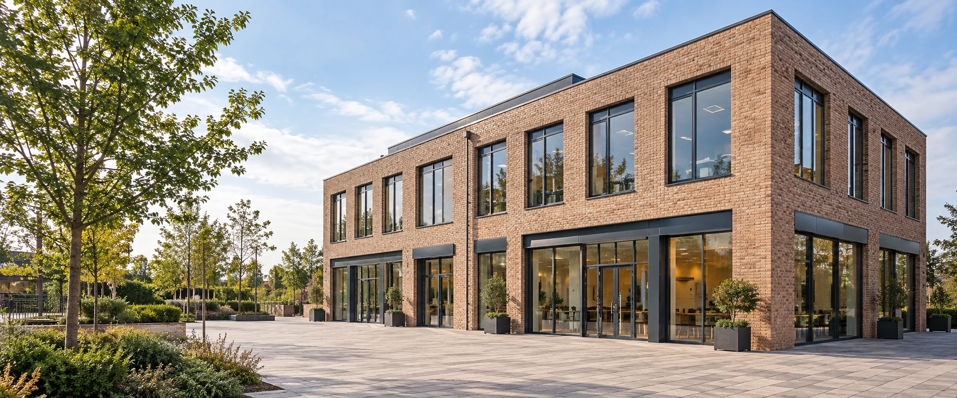 Illustrative contemporary British commercial building with flexible ground-floor premises and landscaped forecourt