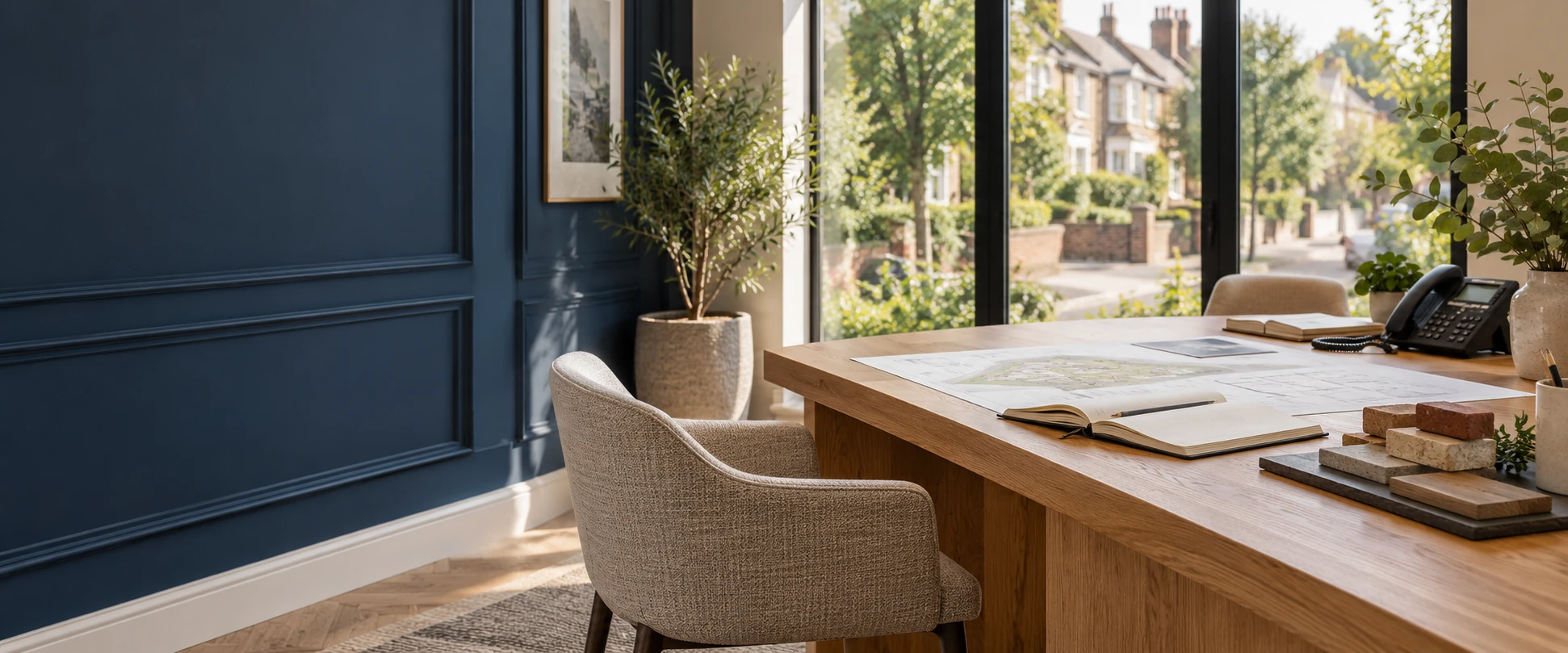 Illustrative consultation workspace with development plans and material samples