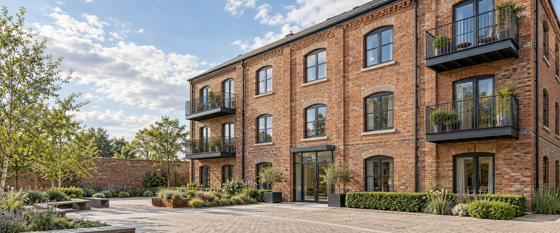 Illustrative British brick building converted into contemporary apartments with a landscaped courtyard