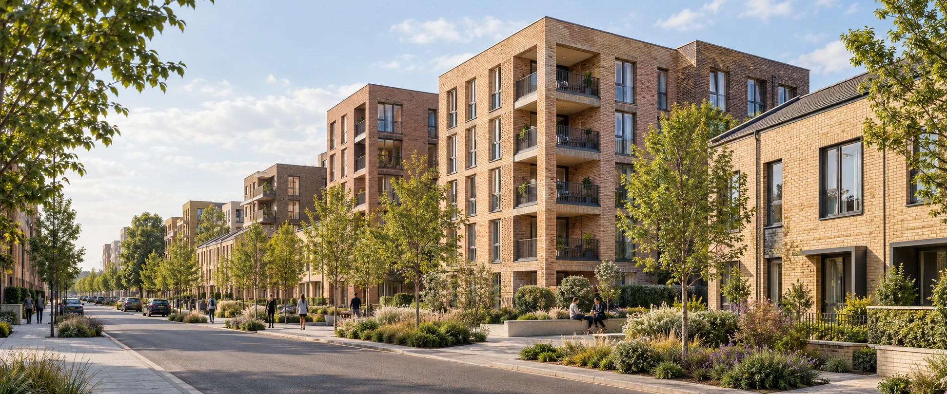 Architectural concept of a contemporary brick residential neighbourhood with landscaped public spaces