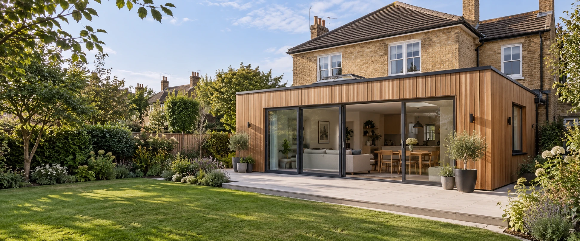 Illustrative British home with a contemporary timber-clad extension opening onto a landscaped garden