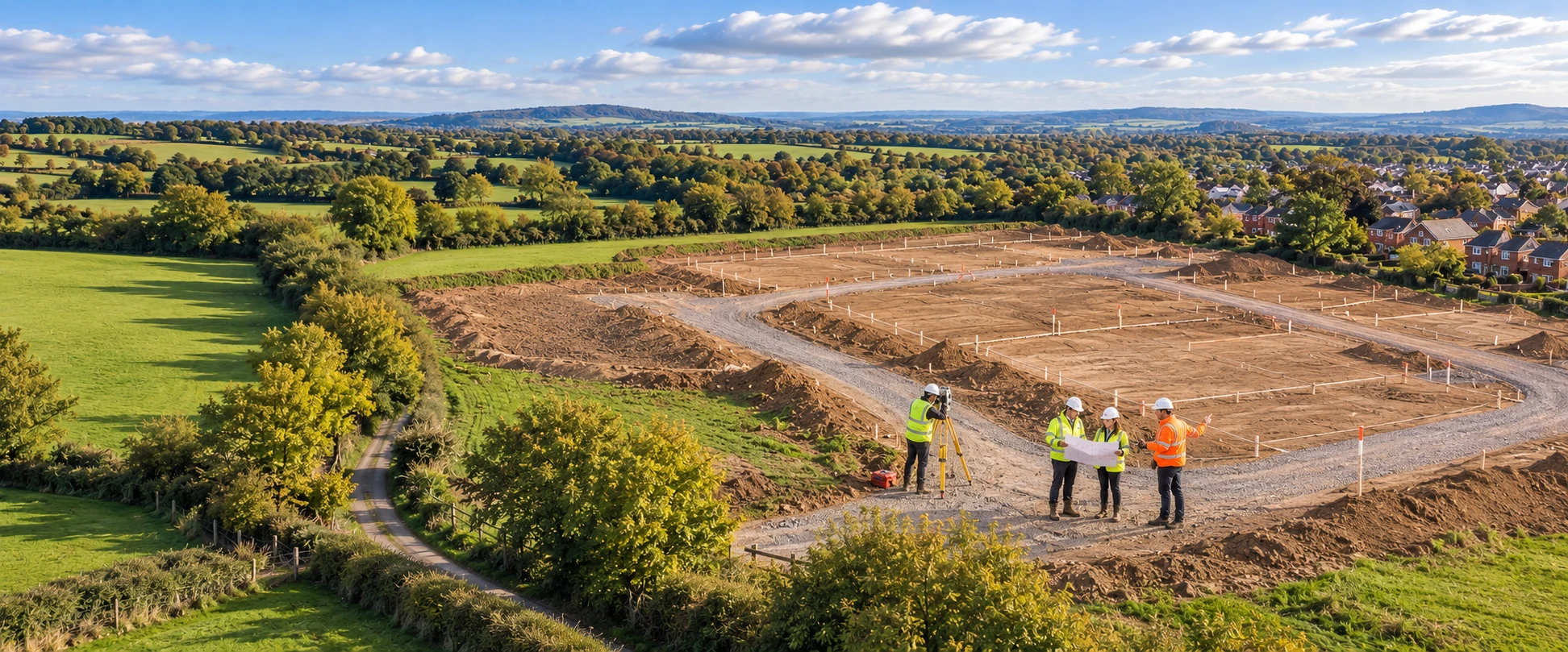 Illustrative development site with engineers reviewing plans and a surveyor working with the site team