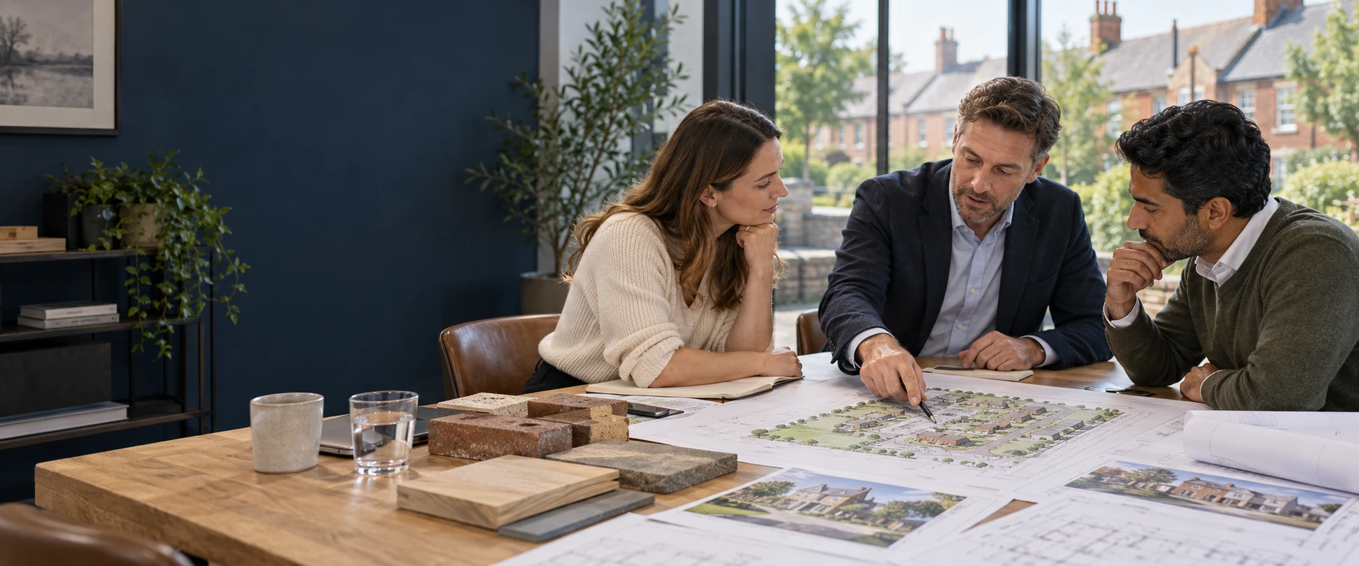Illustrative partnership meeting reviewing residential development plans and material samples