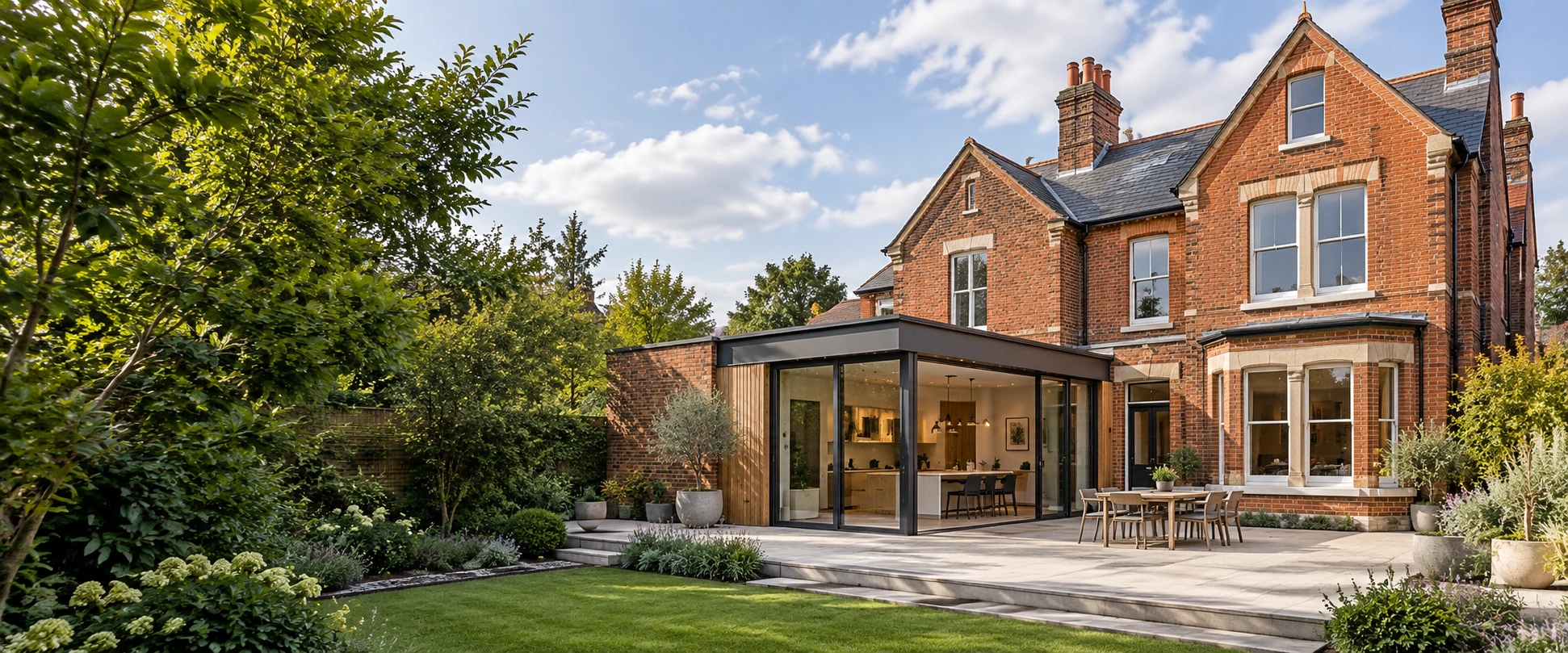 Illustrative refurbished British brick house with a contemporary extension and landscaped garden