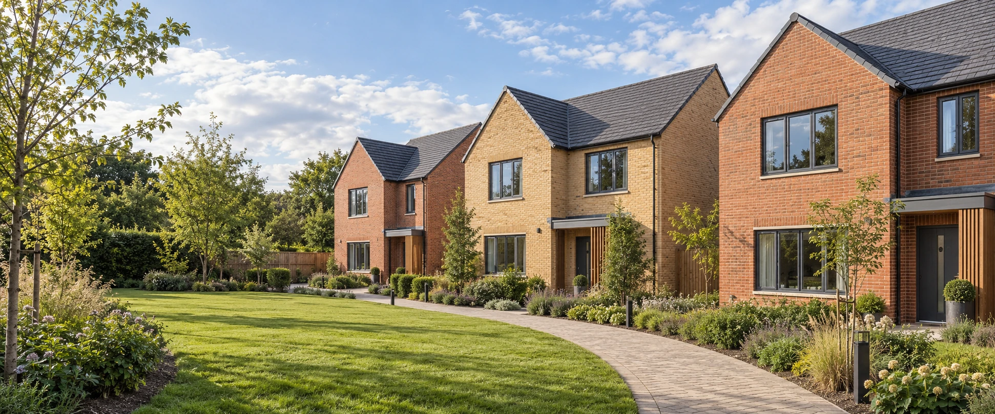 Illustrative contemporary British brick homes with landscaped gardens and a shared pedestrian path