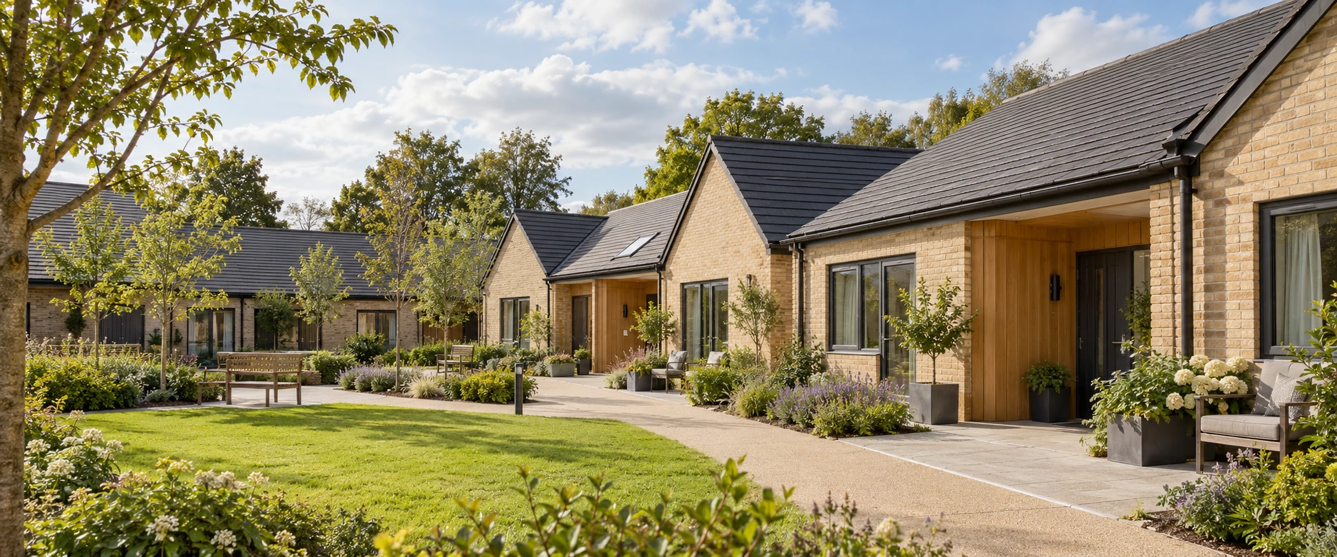Illustrative supported living homes around a landscaped courtyard with step-free paths and private entrances
